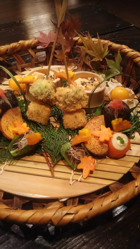 Japanese food on wood plate